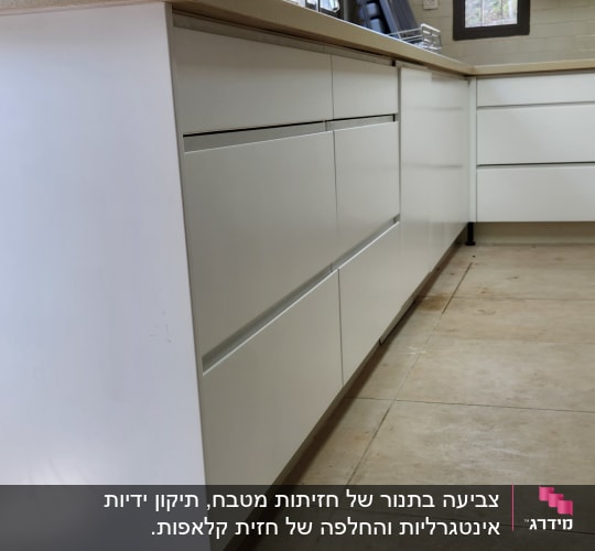 מטבח עם ארונות לבנים ומשטח עבודה בהיר